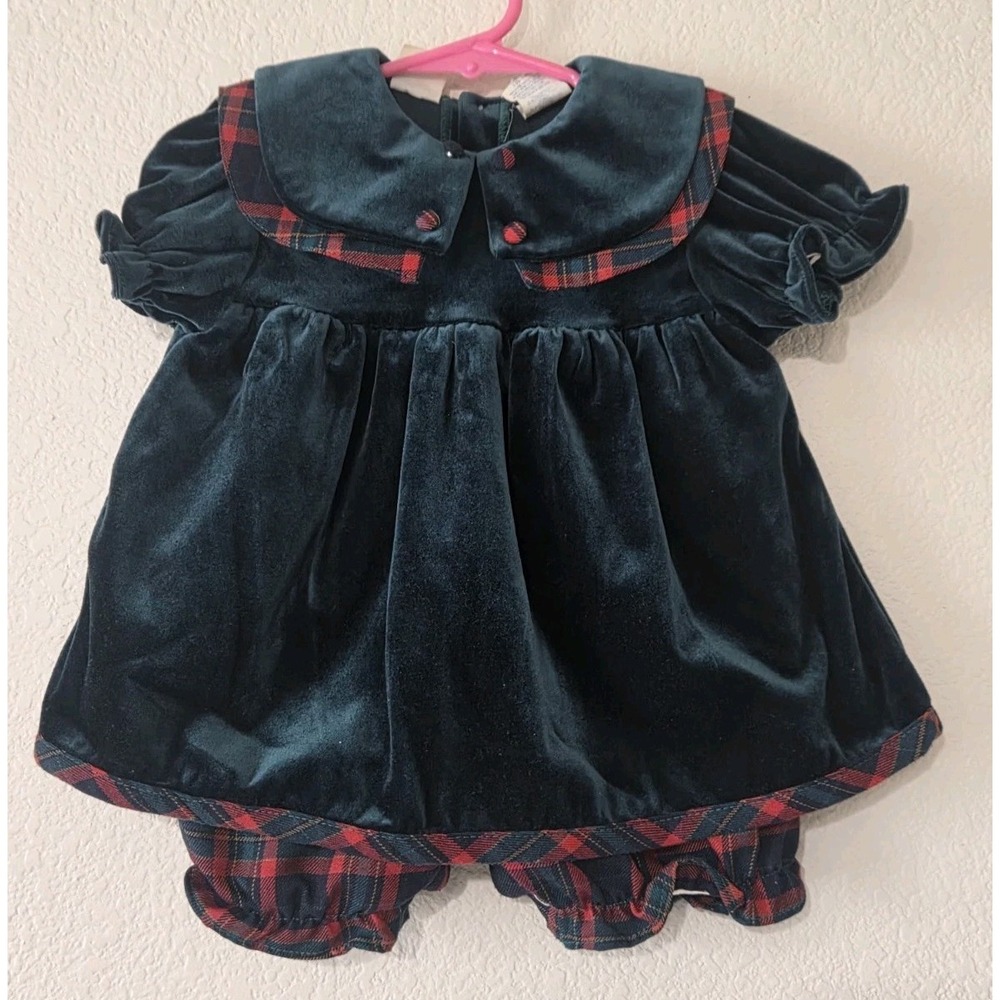 80-90s Vintage Green Velvet Baby Dress Holiday Plaid Trim Size 6-9 Months READ